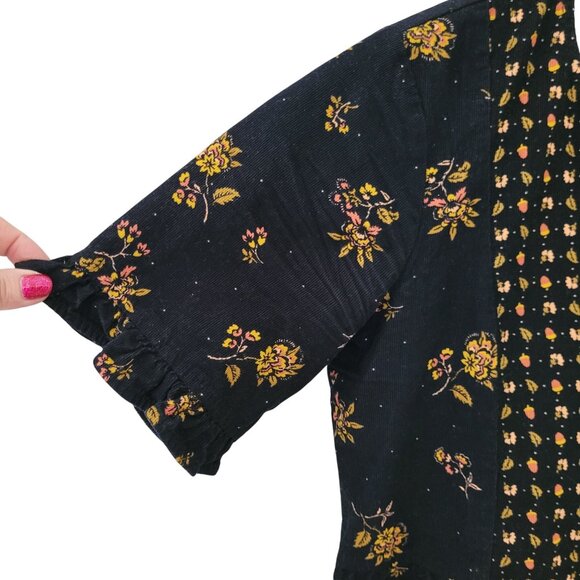 Madewell Corduroy Acorn Foulard Top Size XS Black Floral Short Sleeve AD674 - Picture 5 of 7